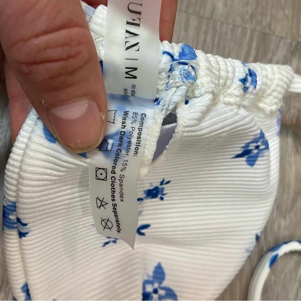 Zaful Blue and White Floral Bikini Ribbed Top Swimsuit - Picture 4 of 6